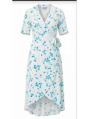 NWT Ganni Floral Printed Crepe Wrap Midi Dress White Blue Danish Size 36 Equals
